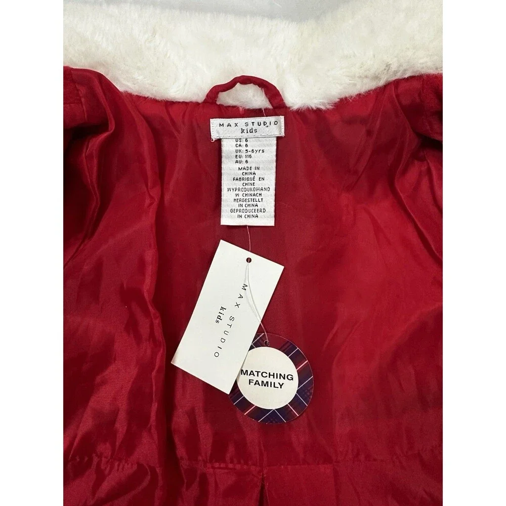 Max Studio Girls  Size 6 Red Swing Pea Coat With Faux Fur Purse.